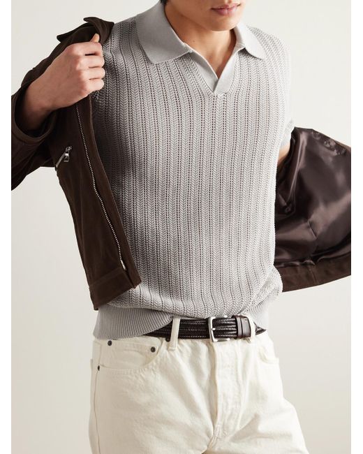 Mr P. Gray Open-knit Ribbed Cotton Polo Shirt for men