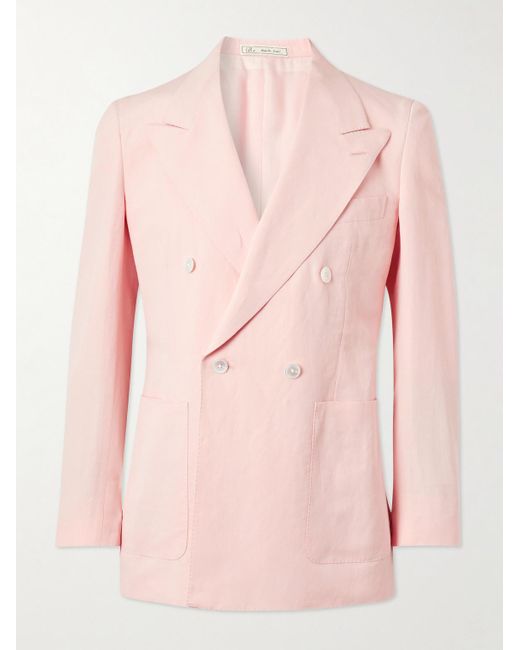 Umit Benan Pink Double-breasted Linen And Silk-blend Suit Jacket for men