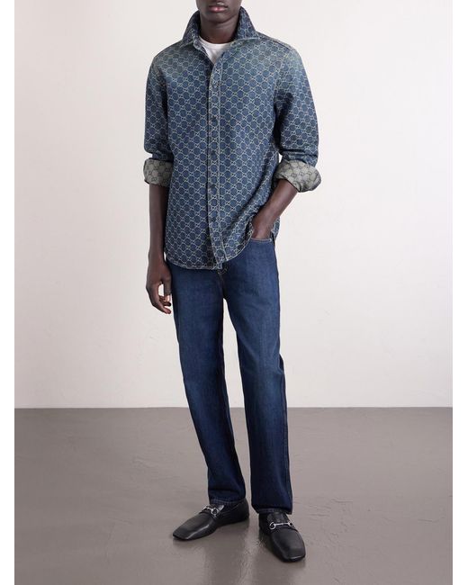 Gucci Blue Logo-Jacquard Denim Shirt for men