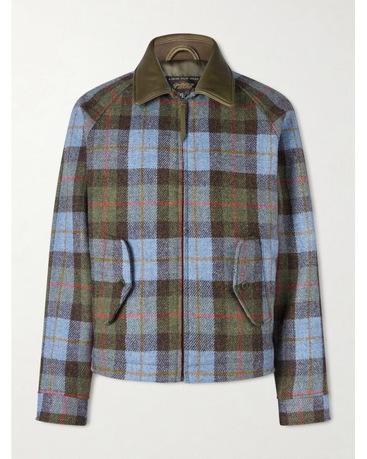 Golden Bear Green Dunbar Leather-Trimmed Checked Wool Jacket for men