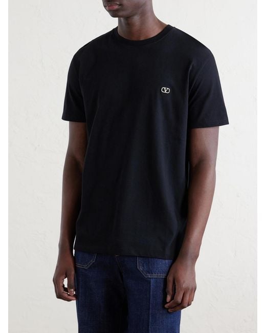 Valentino Garavani Black Logo-Embroidered Cotton-Jersey T-Shirt for men