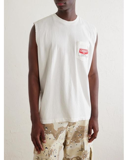 CHERRY LA White Logo-Printed Distressed Cotton-Jersey Tank Top for men