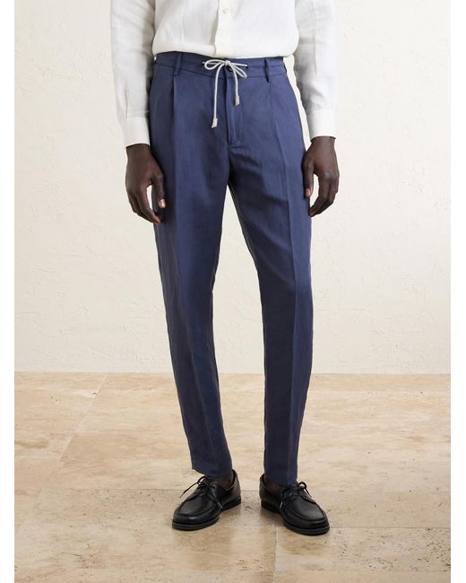 Eleventy Blue Straight-leg Lyocell And Linen-blend Drawstring Trousers for men