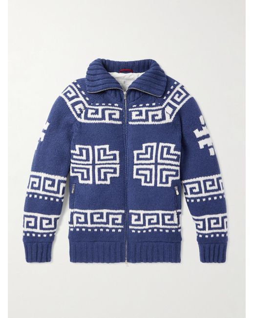 Brunello Cucinelli Blue Jacquard-Knit Cashmere Down Rollneck Cardigan for men