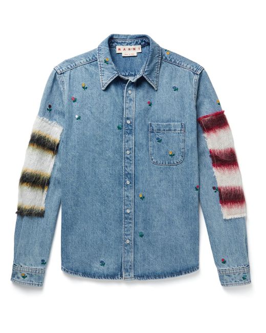 Marni Mohairblend Trimmed Embroidered Denim Shirt in Blue for Men Lyst