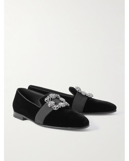 Manolo Blahnik Black Carlton Crystal-Embellished Grosgrain-Trimmed Velvet Loafers for men