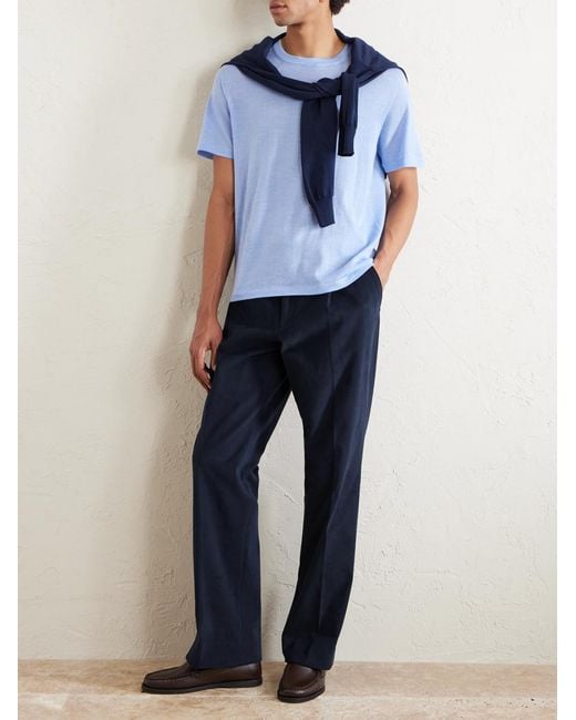 Saman Amel Blue Straight-leg Pleated Peached Cotton-blend Trousers for men