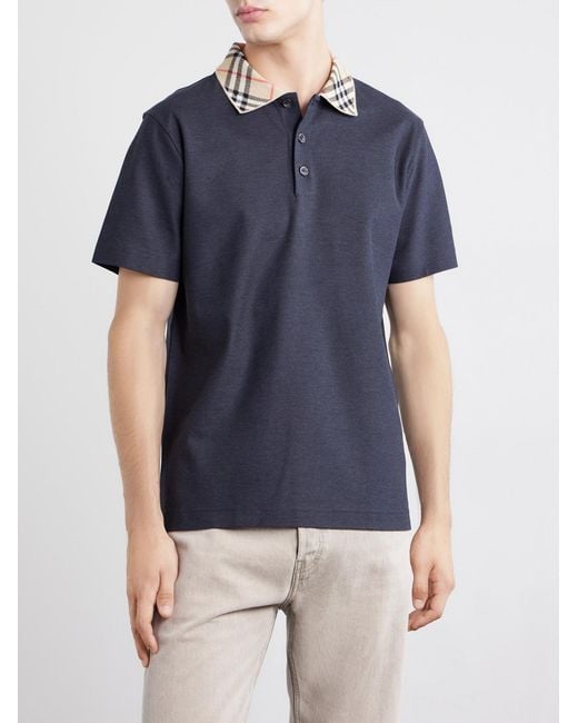 Burberry Blue Checked Cotton-Piqué Polo Shirt for men