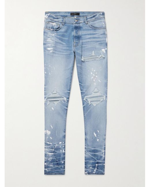 Amiri Blue Mx1 Slim-Fit Straight-Leg Panelled Distressed Paint-Splattered Jeans for men