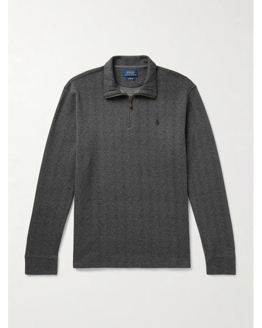 Polo Ralph Lauren Gray Logo-Embroidered Herringbone Cotton Half-Zip Sweatshirt for men