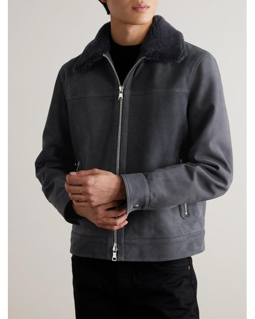 Mr P. Blue Shearling-Trimmed Suede Trucker Jacket for men