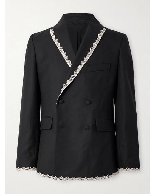 Bode Black Double-breasted Lace-trimmed Wool Tuxedo Jacket for men