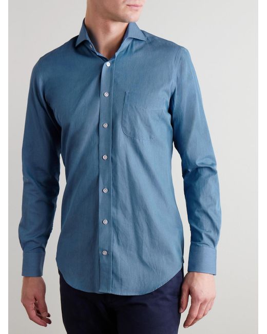 Thom Sweeney Blue Slim-Fit Cutaway-Collar Cotton-Chambray Shirt for men