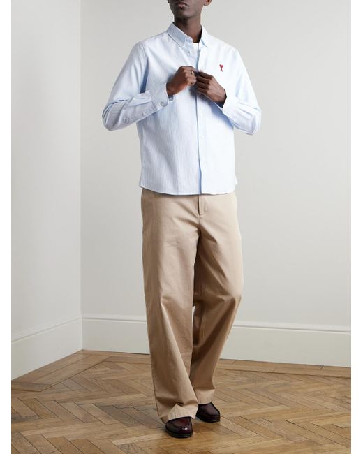 AMI White Adc Button-Down Collar Logo-Embroidered Striped Cotton Oxford Shirt for men