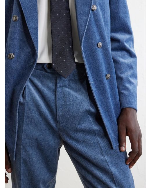Brunello Cucinelli Blue Straight-Leg Pleated Cotton-Velvet Suit Trousers for men