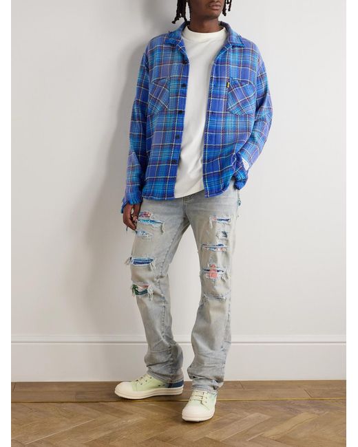 Amiri Blue Aloha Thrasher Skinny-Fit Distressed Embellished Panelled Jeans for men