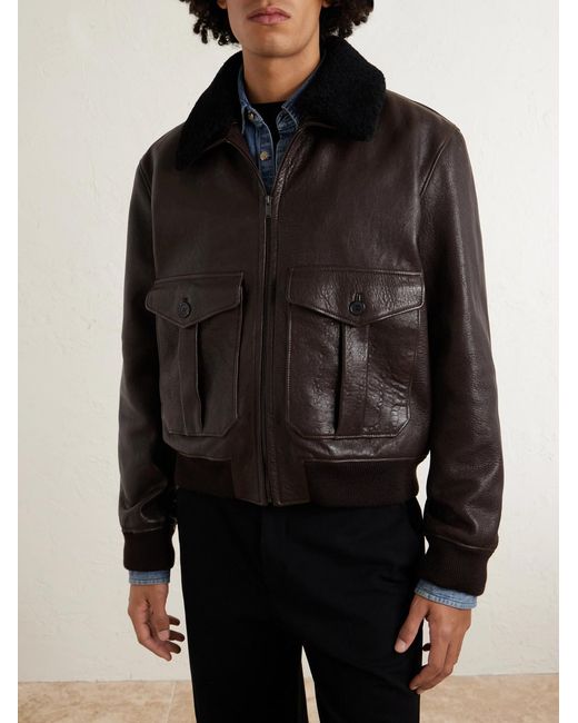 Saint Laurent Black Shearling-trimmed Full-grain Leather Jacket for men