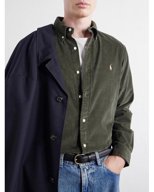 Polo Ralph Lauren Green Button-Down Collar Logo-Embroidered Cotton-Corduroy Shirt for men