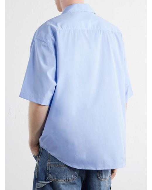 AMI Blue Logo-Embroidered Cotton-Poplin Shirt for men
