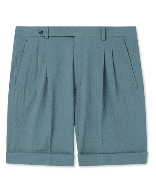 Brioni Blue Straight-leg Pleated Cotton-seersucker Shorts for men