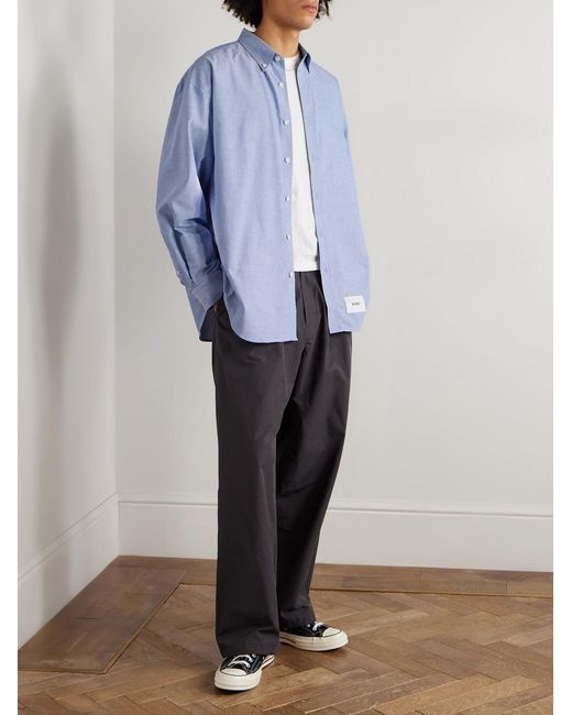(w)taps Blue Button Down-Collar Logo-Appliquéd Coolmax Shirt for men