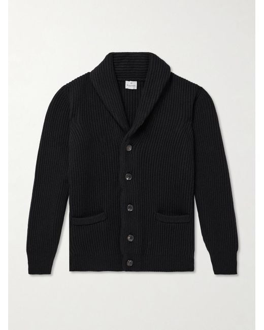 Kingsman Black Shawl-Collar Ribbed Wool Cardigan for men