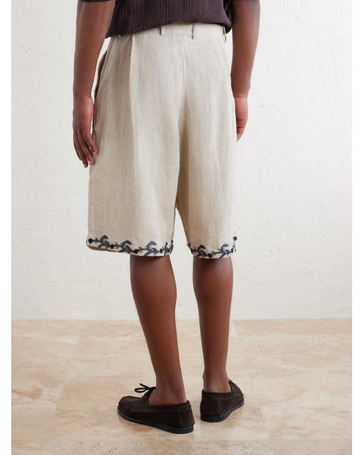 Kartik Research White Straight-leg Pleated Embroidered Linen Shorts for men