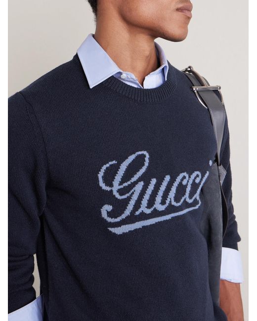 Gucci Blue Logo-Intarsia Wool Sweater for men
