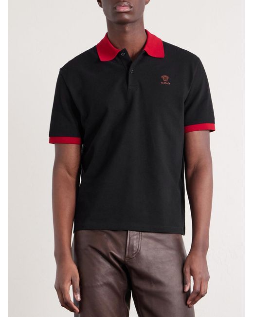 Versace Black Logo-embroidered Cotton-piqué Polo Shirt for men