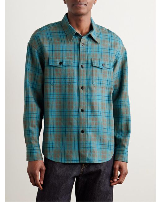 Checked Wool And Linen-Blend Shirt di Visvim in Blue da Uomo