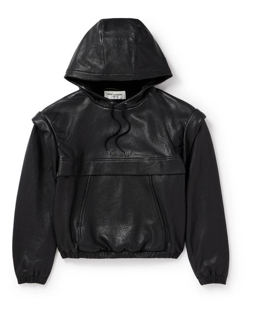 Saint Laurent Black Logo-embossed Textured-leather Hoodie for men