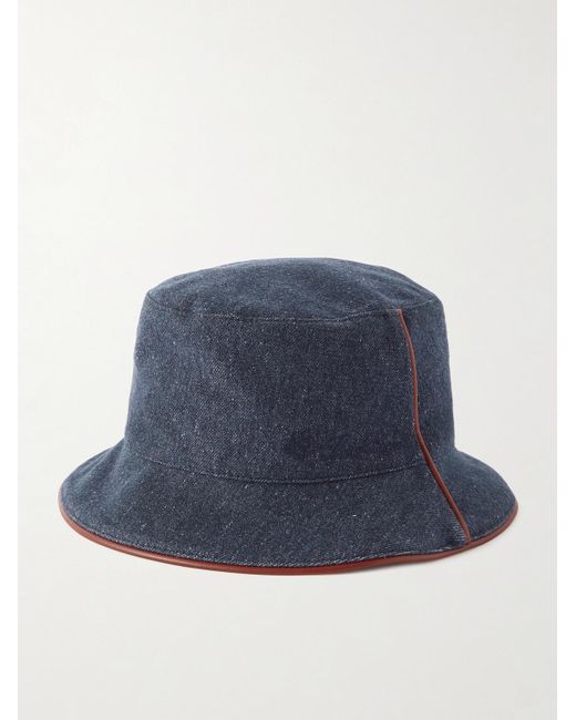 Loro Piana Blue Leather-trimmed Logo-embroidered Denim Bucket Hat
