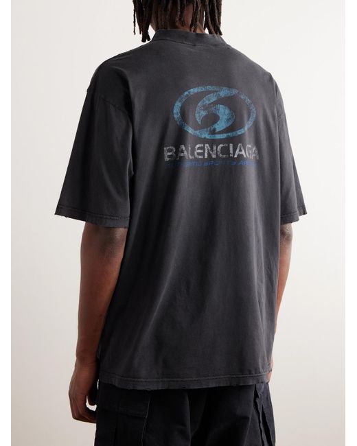 Balenciaga Blue Distressed Logo-print Cotton-jersey T-shirt for men