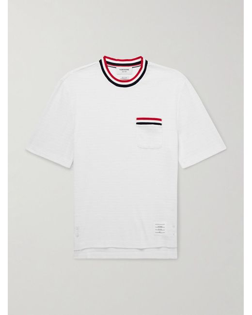 Thom Browne White Logo-Appliquéd Striped Pointelle-Knit Cotton T-Shirt for men