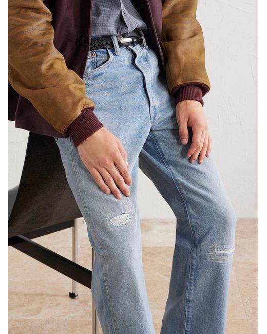 RRL Blue Straight-Leg Logo-Embroidered Distressed Jeans for men