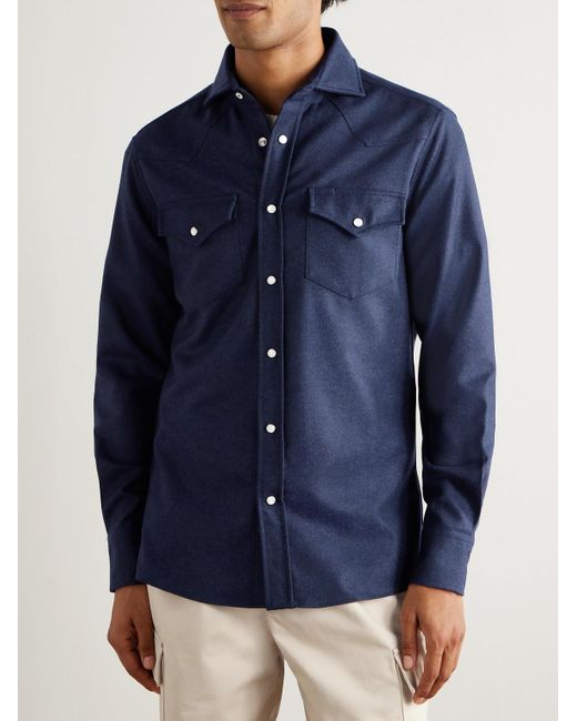 Brunello Cucinelli Blue Virgin Wool-Flannel Western Shirt for men