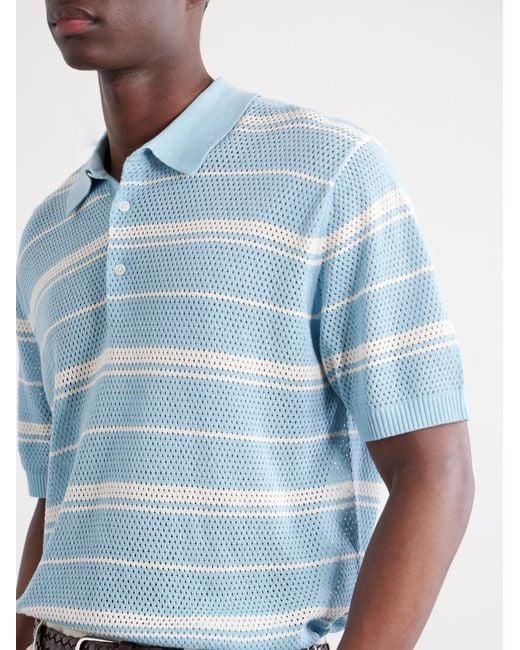 Beams Plus Blue Striped Knitted Cotton Polo Shirt for men