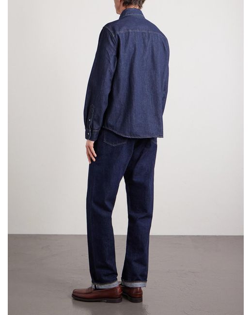 AMI Blue Button-Down Collar Logo-Embroidered Denim Shirt for men