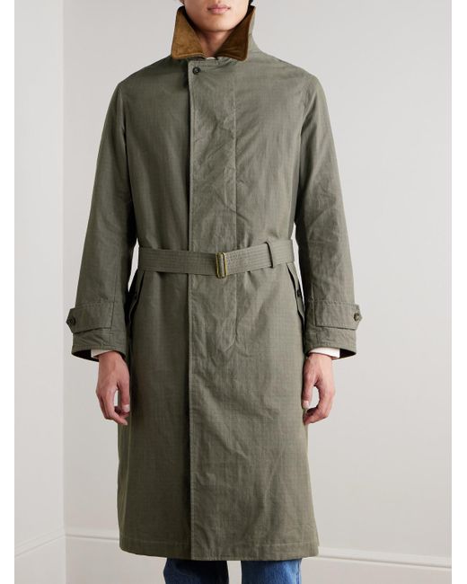 Drake's Gray Him Rider's Belted Corduroy-Trimmed Cotton-Ripstop Coat for men