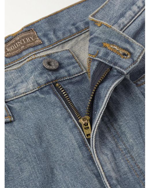 Kapital Blue Straight-Leg Leather-Trimmed Embellished Denim Shorts for men