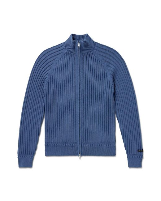 Aimé Leon Dore Blue Ribbed Merino Wool-Blend Zip-Up Sweater for men