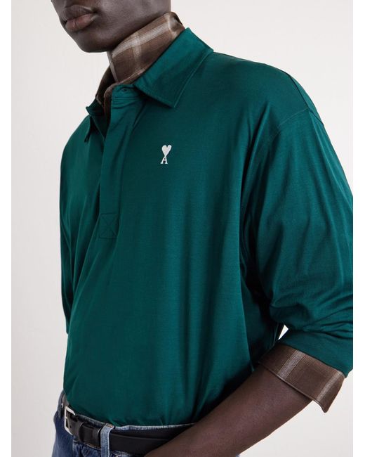 AMI Green Logo-Embroidered Cotton-Jersey Shirt for men