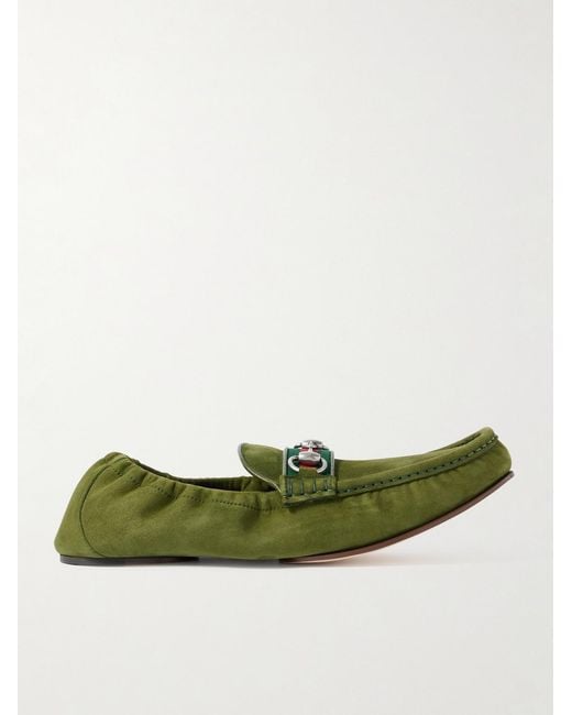 Gucci Green Horsebit-Embellished Webbing-Trimmed Suede Loafers for men