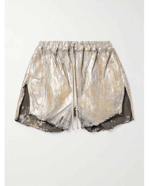 Rick Owens Natural Blister Straight-Leg Frayed Metallic Megacrust Stretch-Denim Drawstring Shorts for men