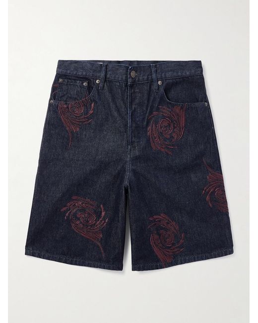 Dries Van Noten Blue Straight-Leg Embroidered Denim Bermuda Shorts for men