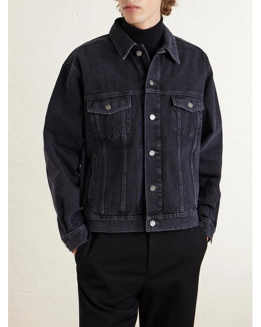 Saint Laurent Blue Leather-trimmed Denim Trucker Jacket for men
