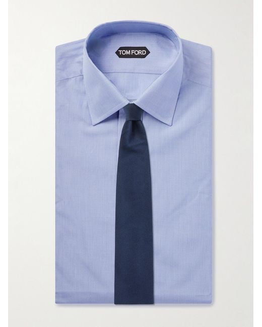 Tom Ford Blue Slim-Fit Cutaway-Collar Checked Cotton-Dobby Shirt for men