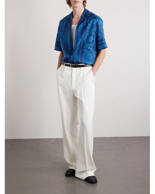 Versace Blue Camp-Collar Printed Silk-Twill Shirt for men