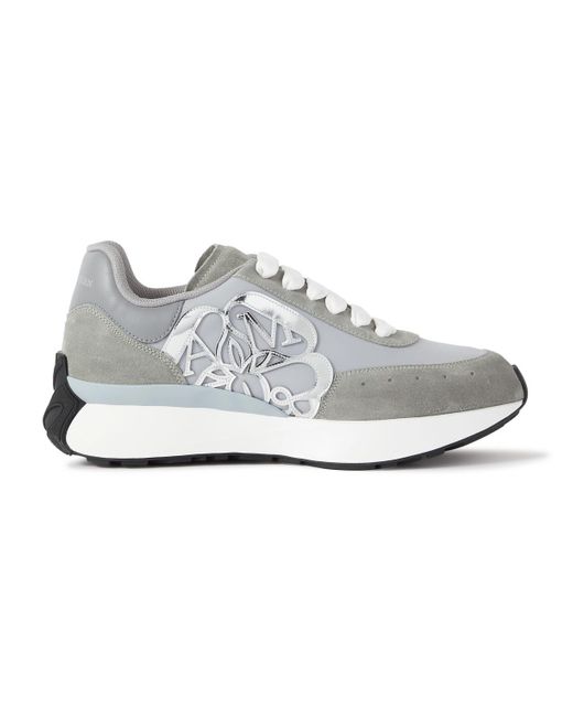 Alexander McQueen Sprint Runner Exaggerated-Sole AppliquÃ©d Leather And Suede Sneakers in Gray 