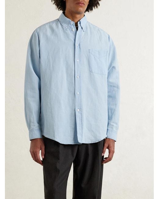 Barena Blue Button-down Collar Linen And Cotton-blend Chambray Shirt for men